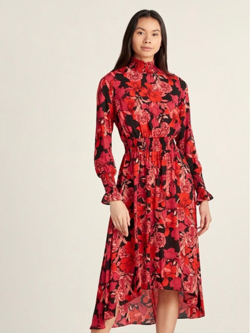 Nanette Lepore Crimson on Black Floral Smocked Victorian Collar Midi Dress M